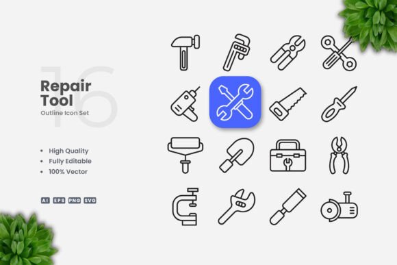 Repair Tool Outline Icons for Versatile Projects
