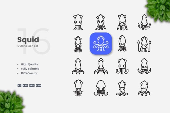Unlock Versatile Design with Squid Outline Icons: Simple, Clean, and Fully Customizable